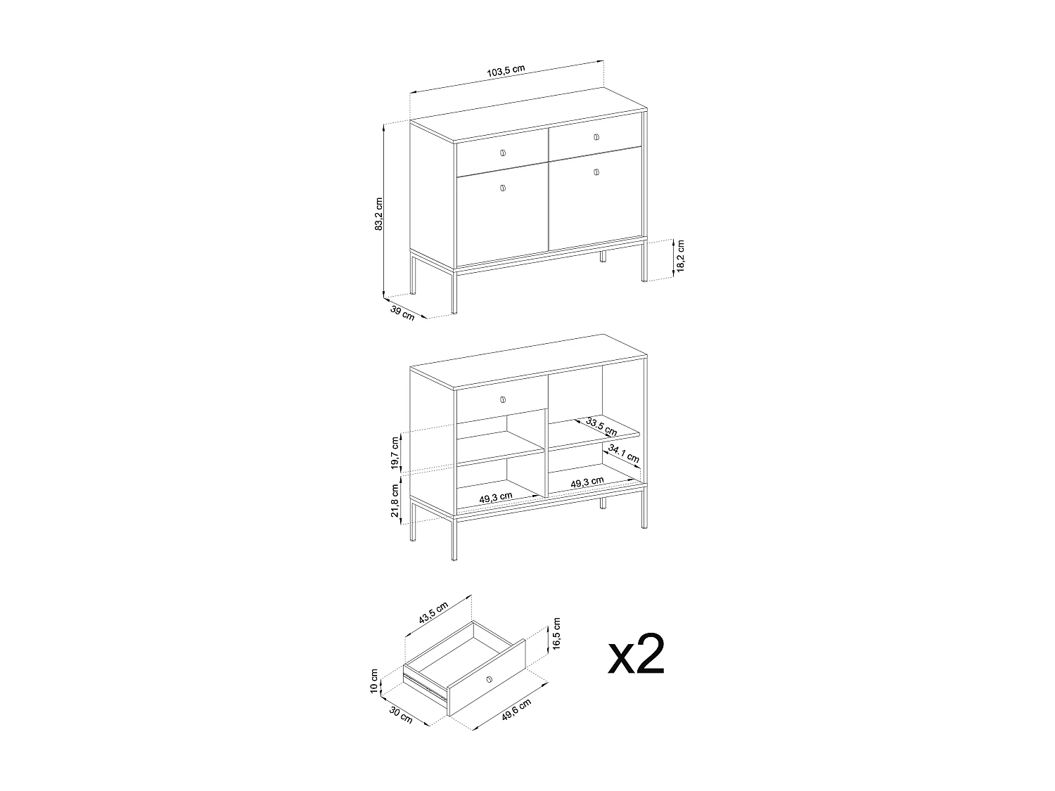 Buffet 2 portes, 2 tiroirs avec pieds en métal doré, 104x83 cm