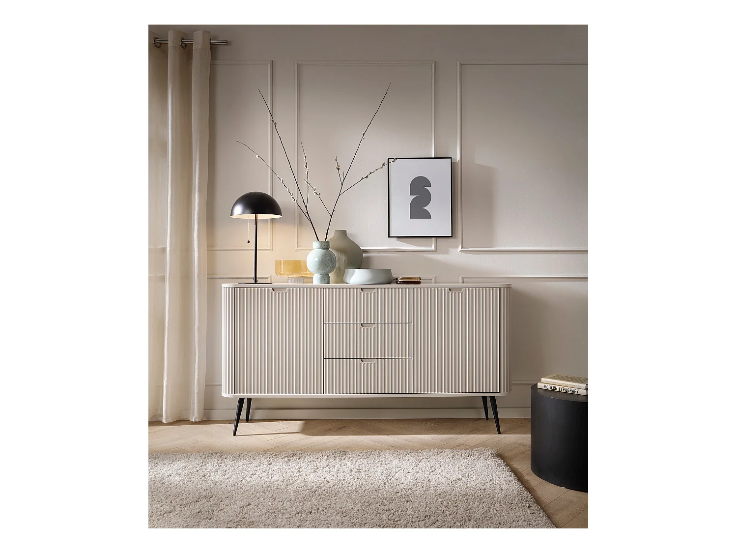 Buffet 2 portes, 3 tiroirs avec pieds en métal noir, 168x87 cm