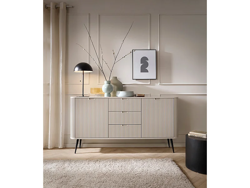 Aparador de 2 puertas y 3 cajones con patas de metal negro, 168x87 cm