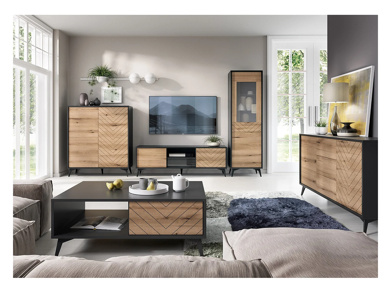 Buffet en bois lamellé-collé 2 portes et 3 tiroirs, 154x77 cm