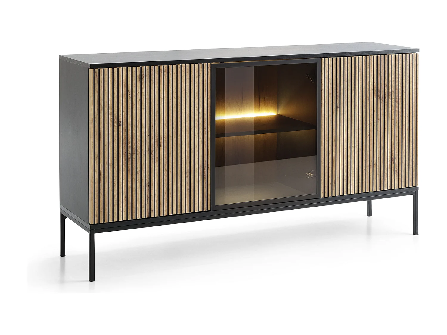 Buffet 3 portes avec LED intégrée, noir et chêne, 154x83 cm