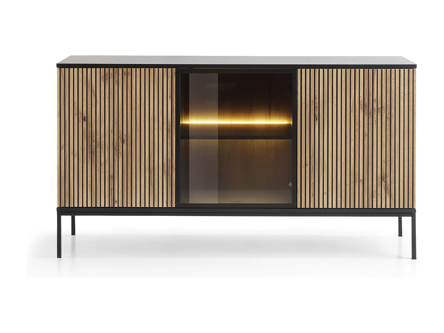 Buffet 3 portes avec LED intégrée, noir et chêne, 154x83 cm