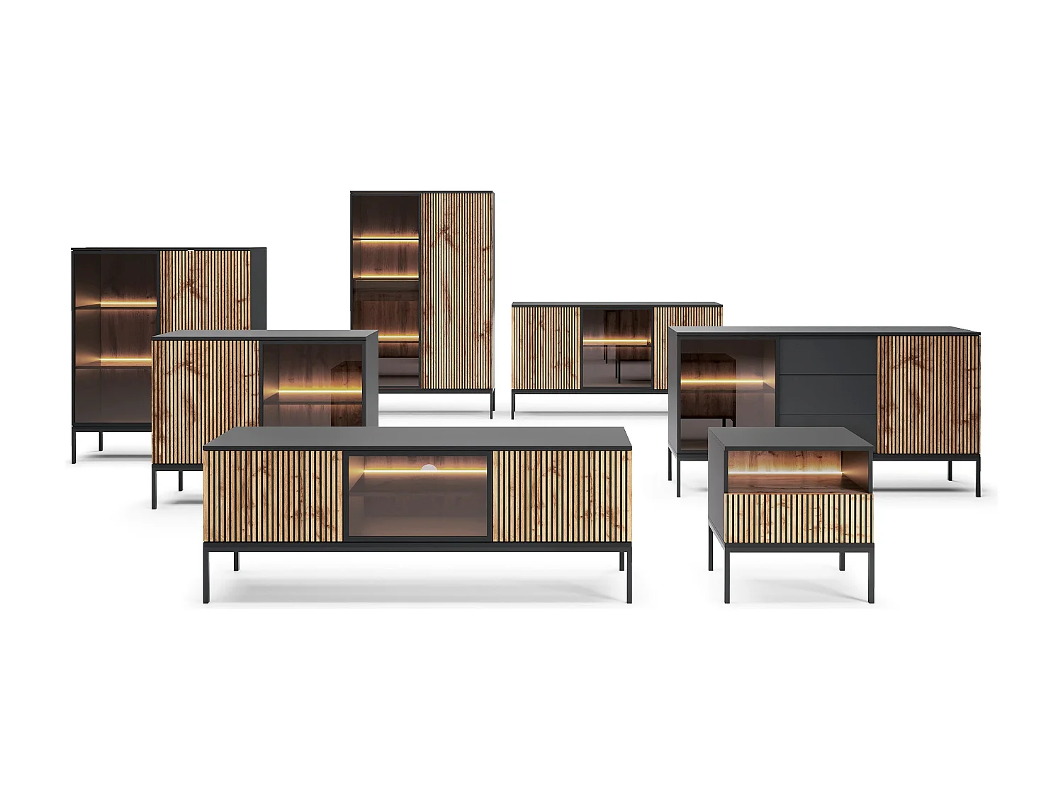 Buffet 3 portes avec LED intégrée, noir et chêne, 154x83 cm