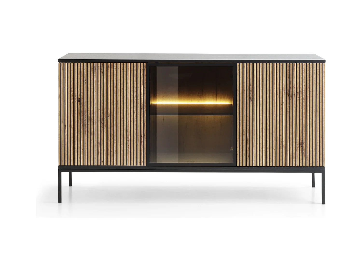 3-türiges Sideboard mit integrierter LED, Schwarz und Eiche, 154x83 cm