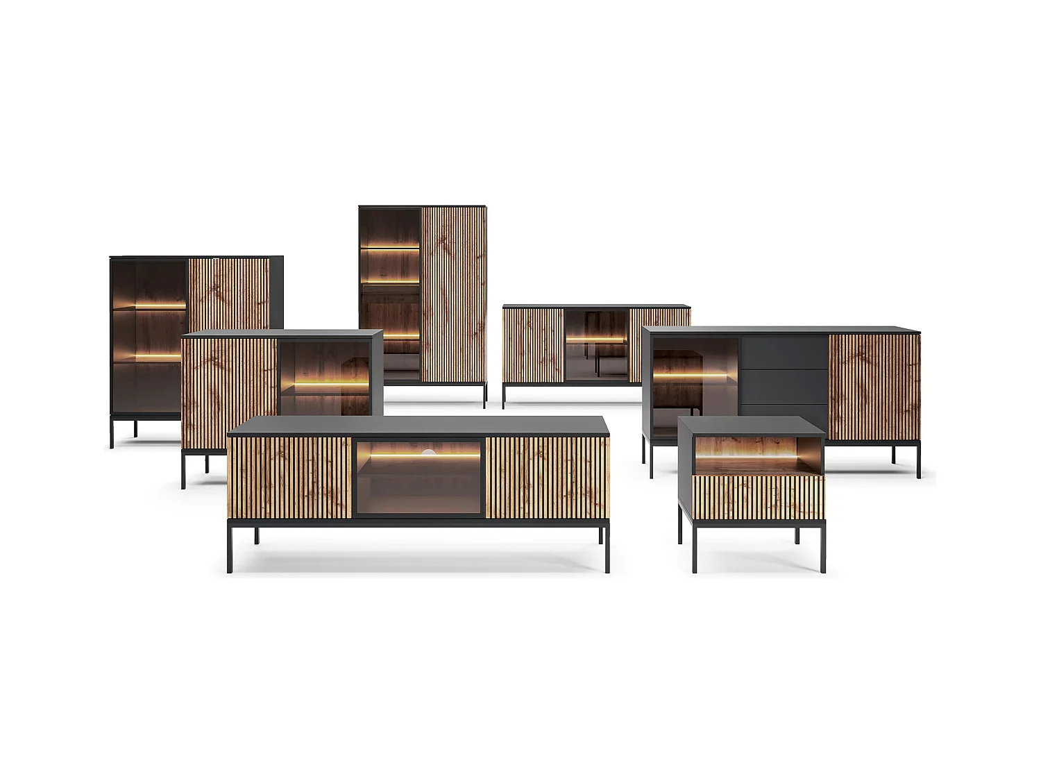 3-türiges Sideboard mit integrierter LED, Schwarz und Eiche, 154x83 cm