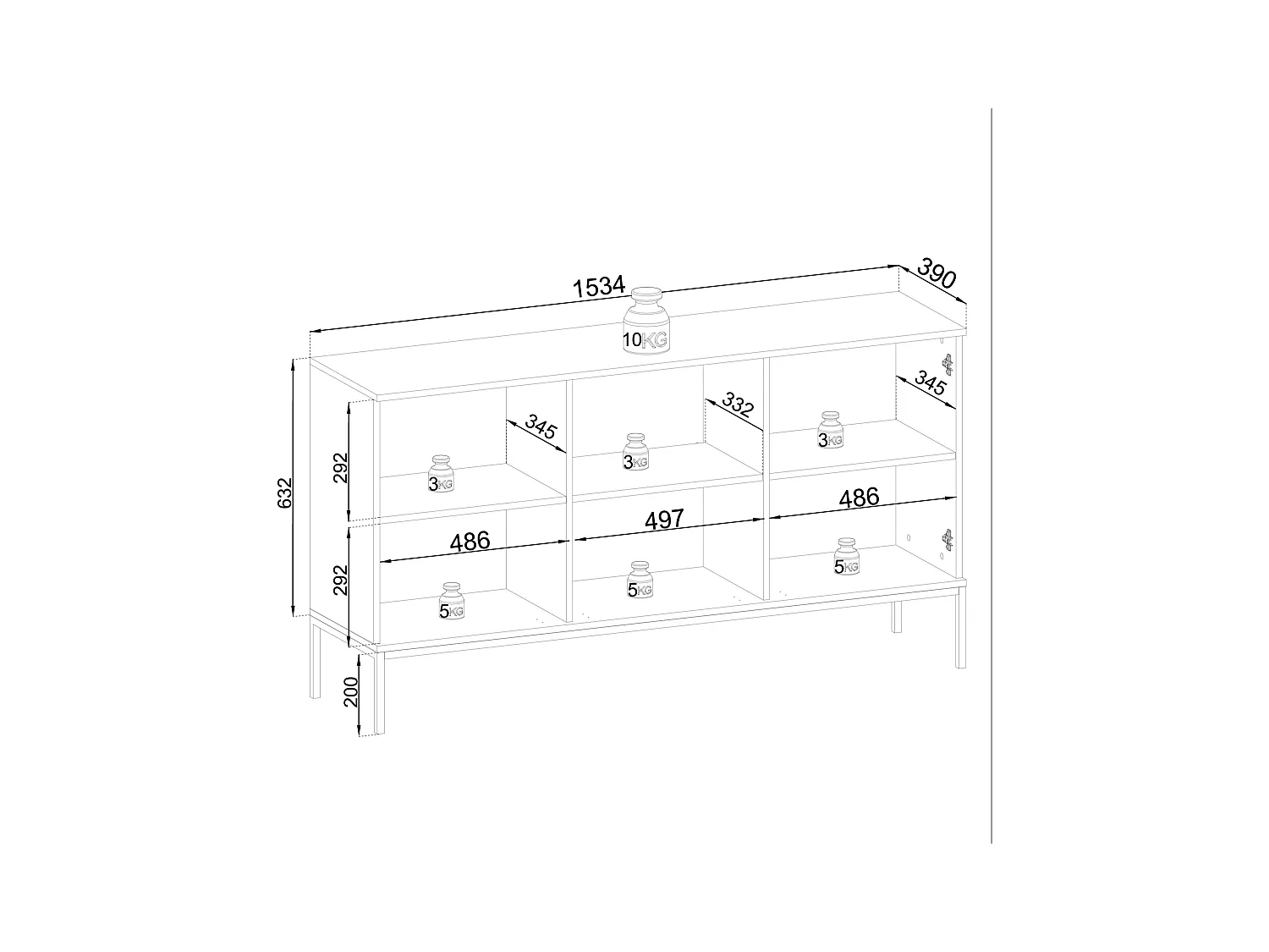3-türiges Sideboard mit integrierter LED, Schwarz und Eiche, 154x83 cm