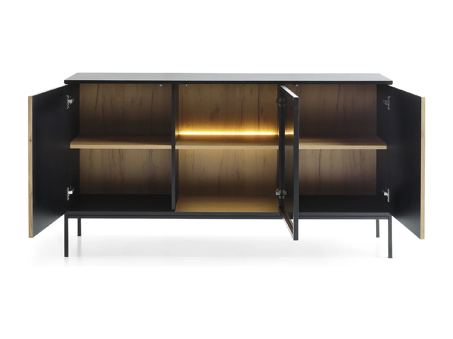 Buffet 3 portes avec LED intégrée, noir et chêne, 154x83 cm