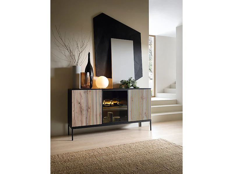 Buffet 3 portes avec LED intégrée, noir et chêne, 154x83 cm