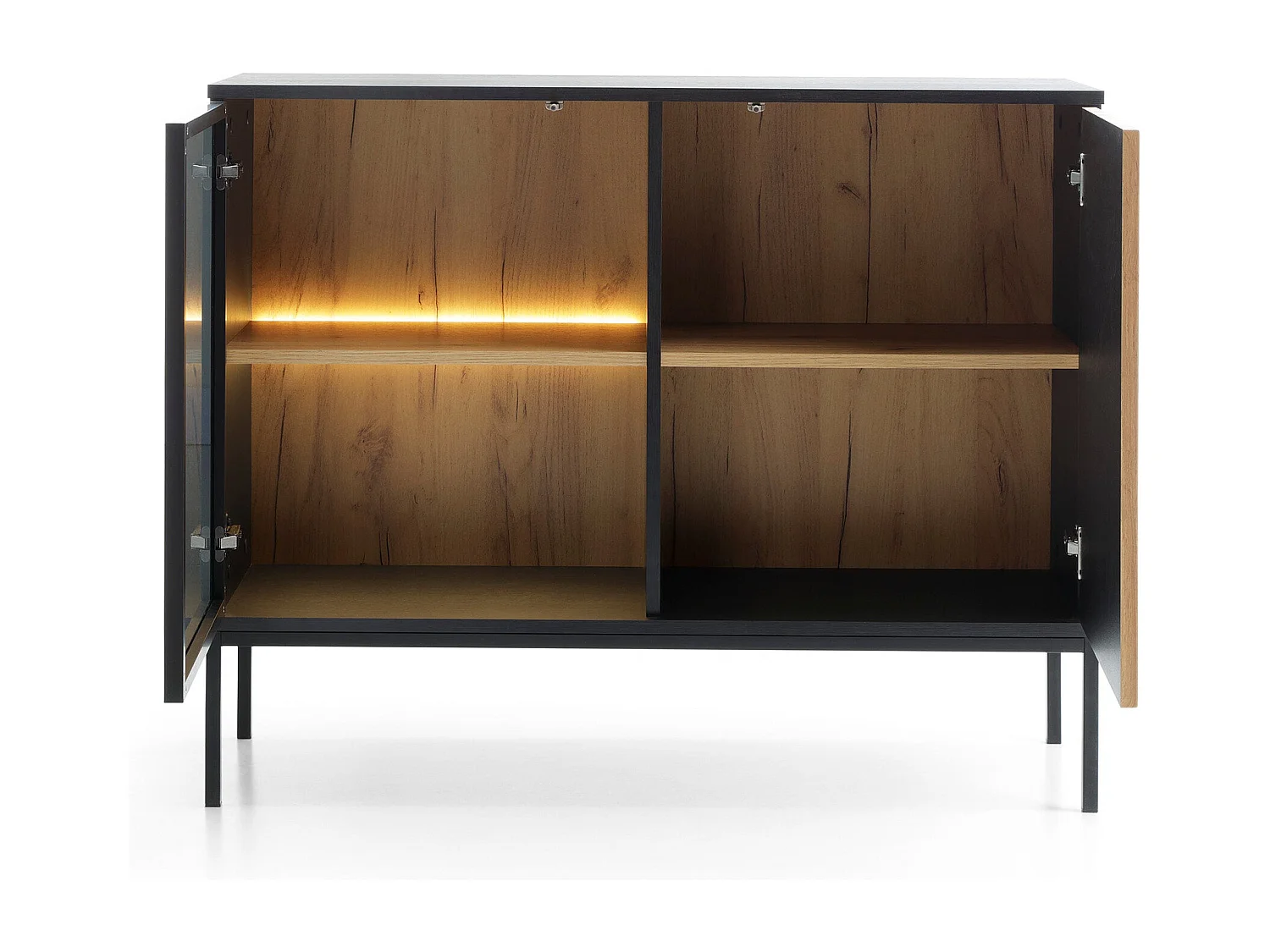 Buffet 2 portes avec LED intégrée, noir et chêne, 104x83 cm