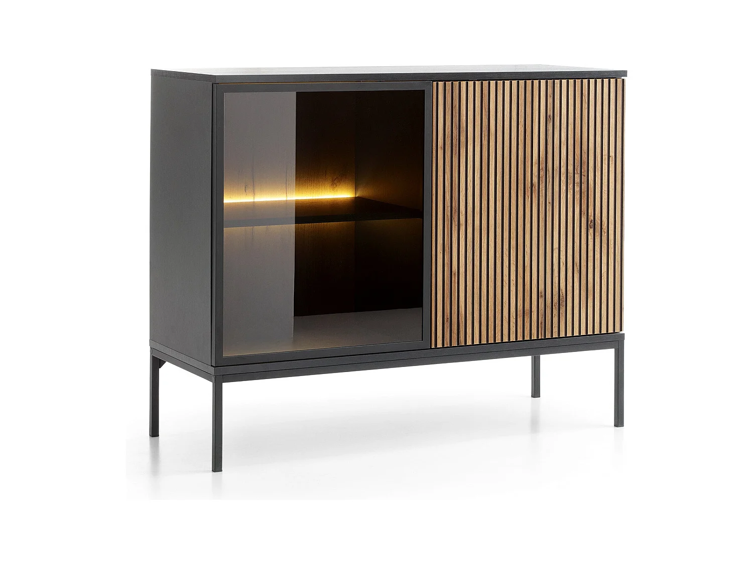 Buffet 2 portes avec LED intégrée, noir et chêne, 104x83 cm
