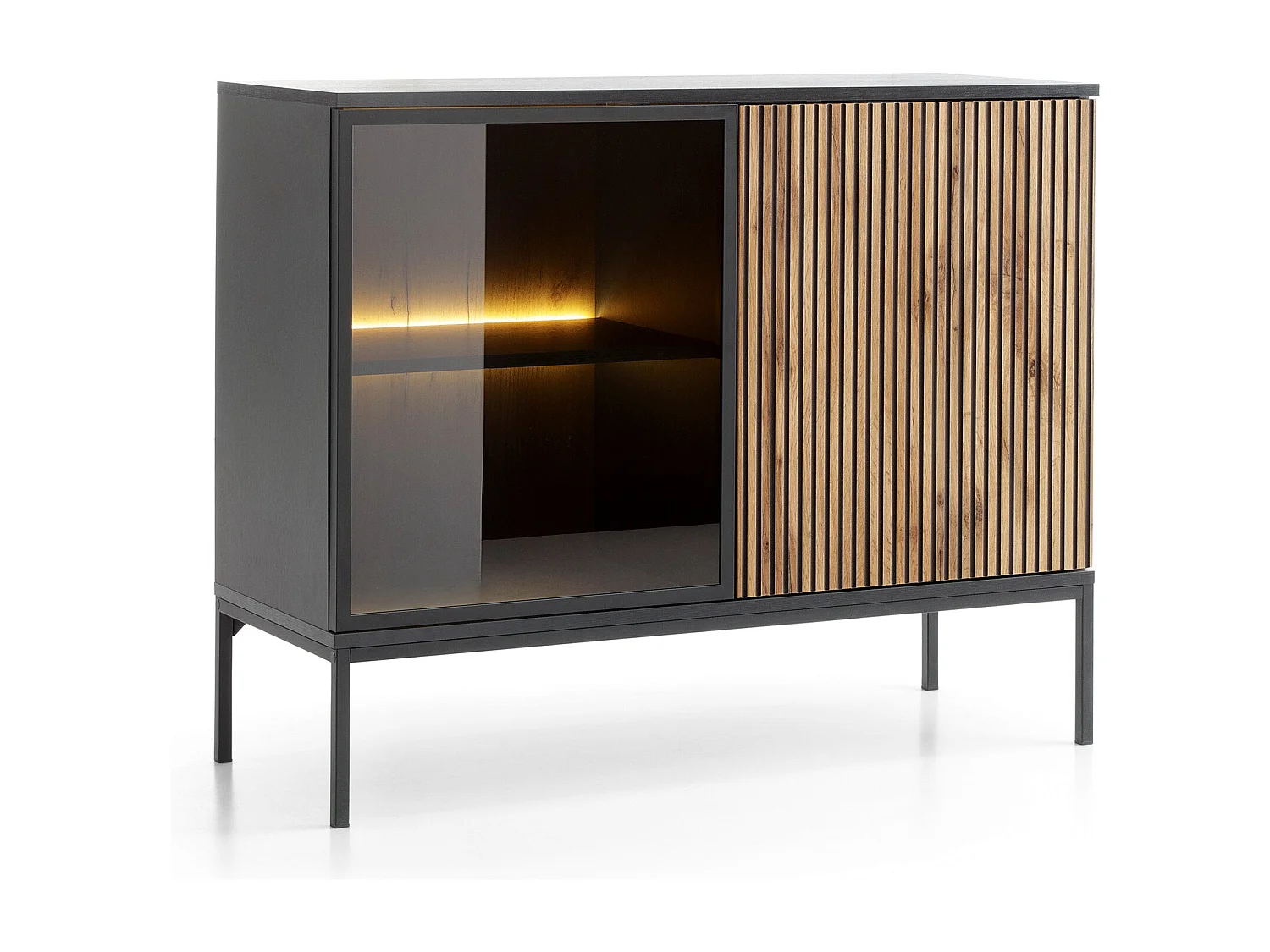 Buffet 2 portes avec LED intégrée, noir et chêne, 104x83 cm