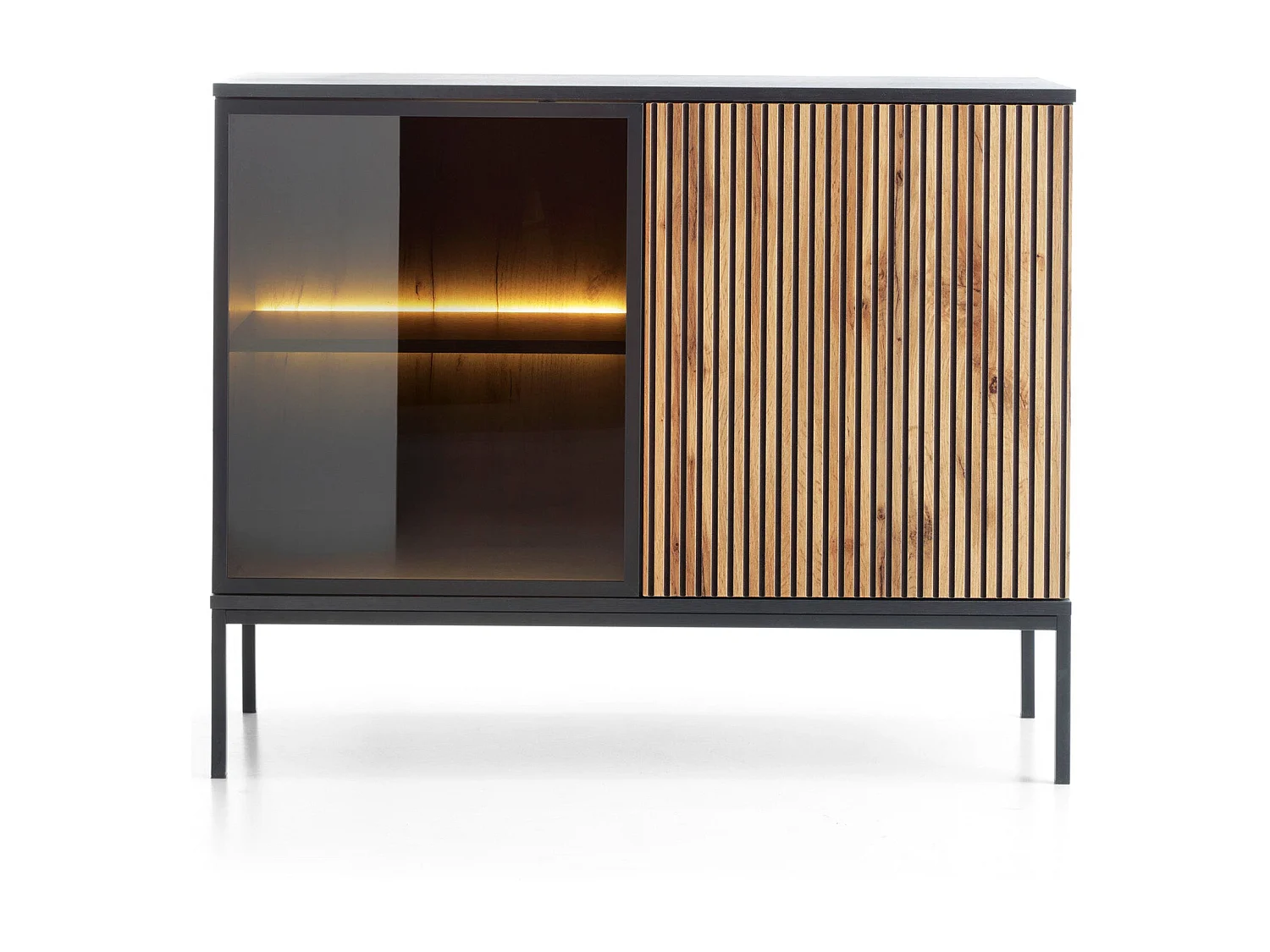 Buffet 2 portes avec LED intégrée, noir et chêne, 104x83 cm
