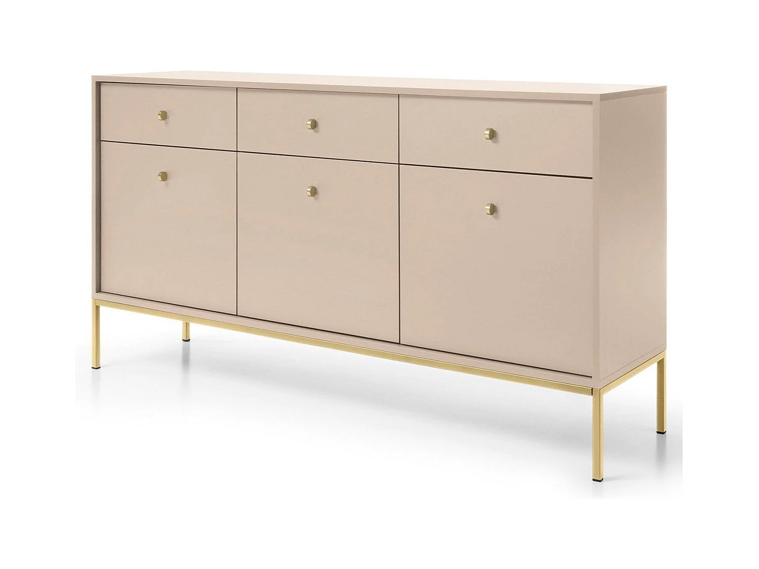 Buffet 3 portes, 3 tiroirs avec pieds en métal doré, 154x83 cm