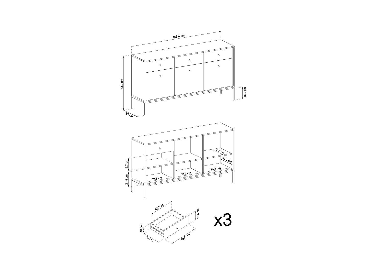 Buffet 3 portes, 3 tiroirs avec pieds en métal doré, 154x83 cm