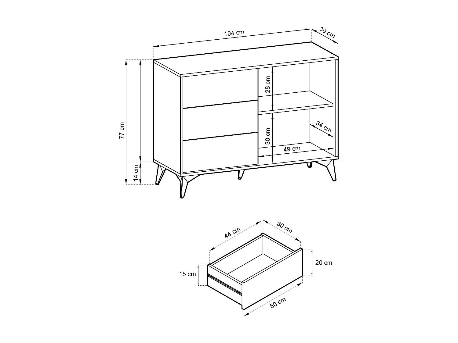Buffet 1 porte et 3 tiroirs en bois lamellé 104x77 cm