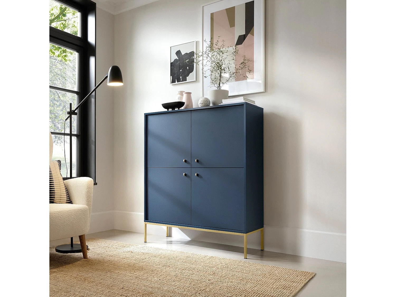 Buffet 4 portes avec pieds en métal doré 104x125 cm