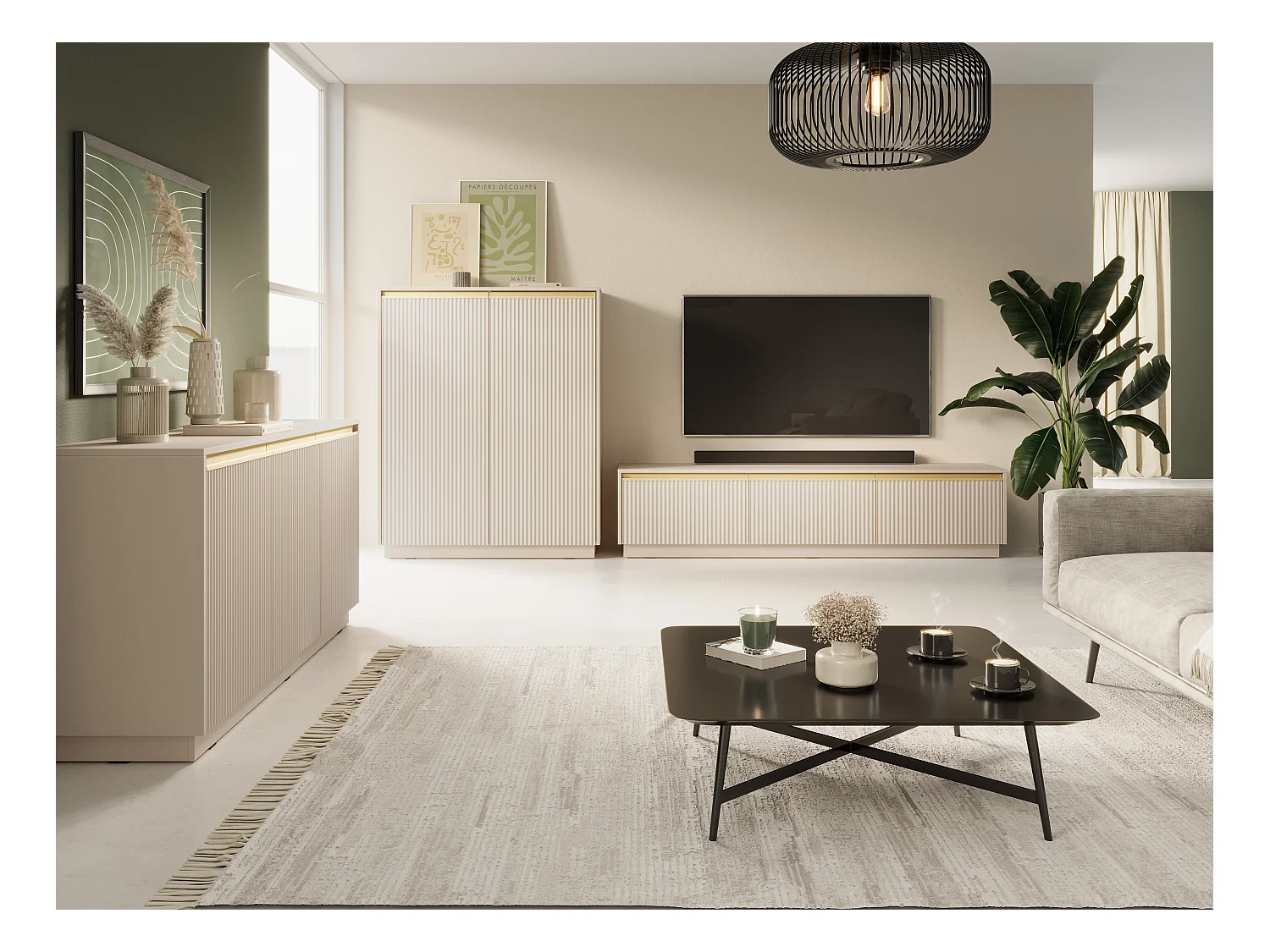 Buffet 2 portes en bois lamellé beige 104x72 cm