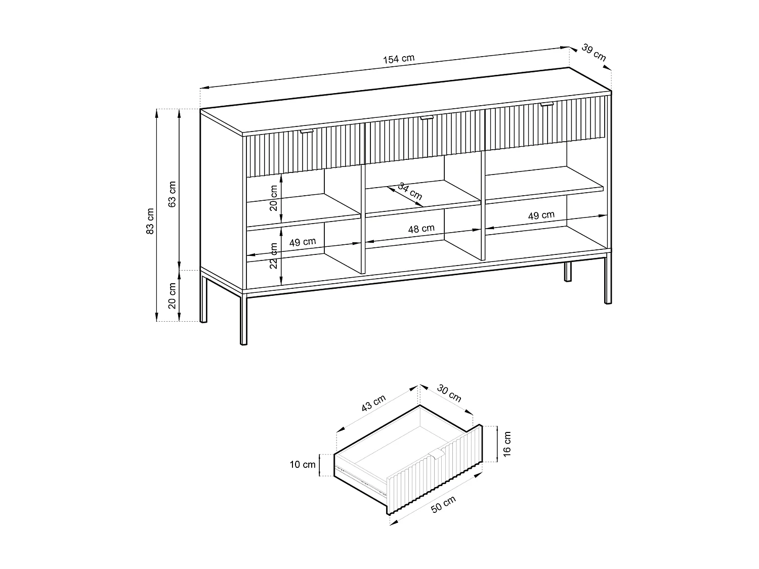 Buffetkast 3 deuren, 3 laden met zwarte metalen bladen, 154x83 cm