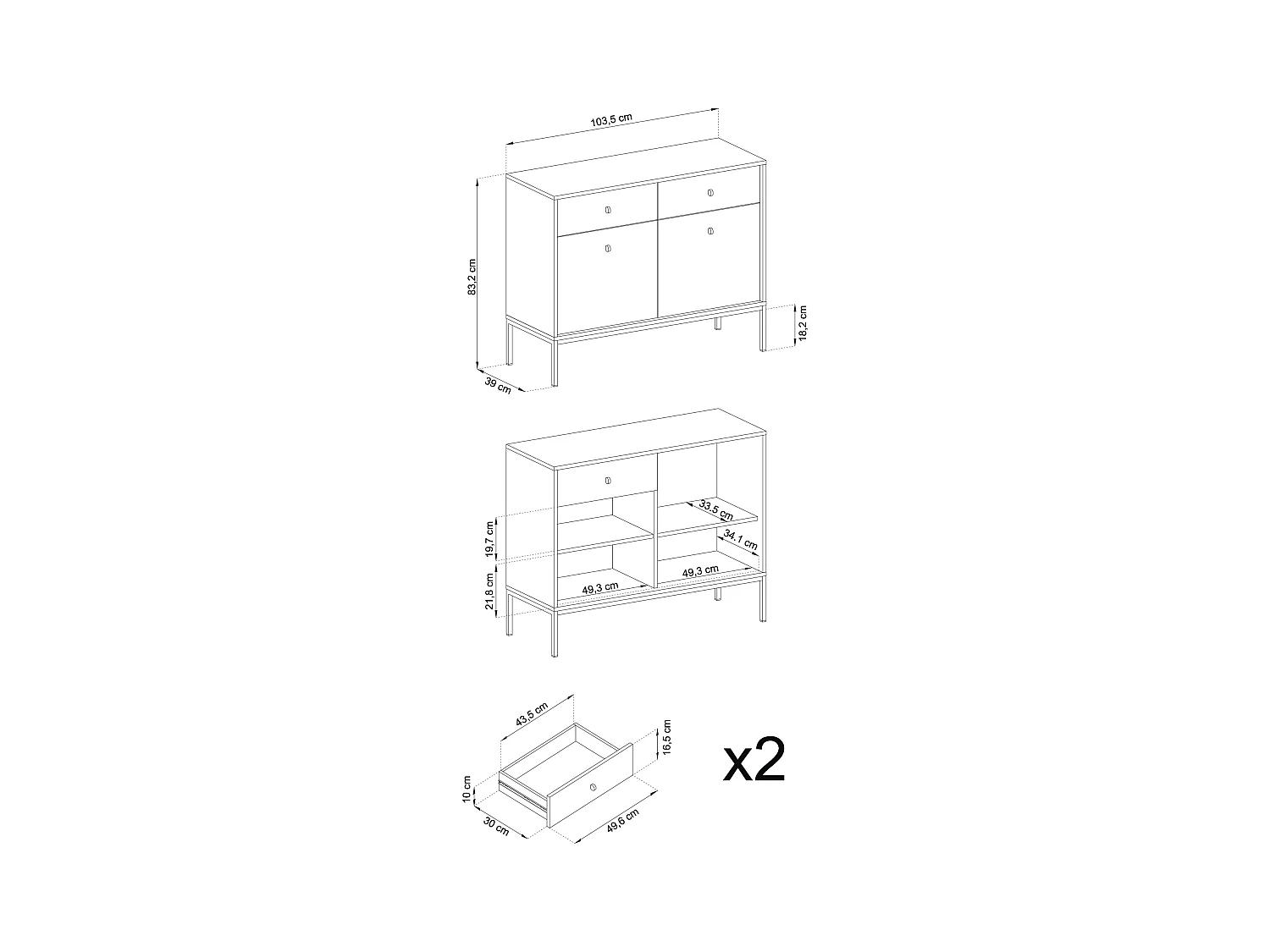 Buffet 2 portes, 2 tiroirs avec pieds en métal noir, 104x83 cm