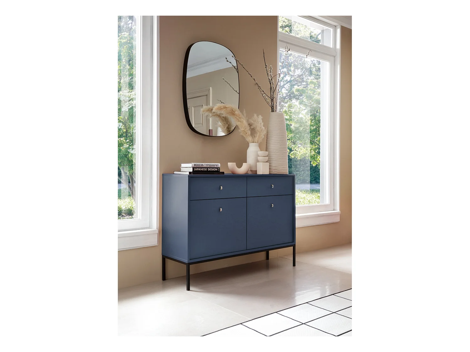 Sideboard mit 2 Türen und 2 Schubladen, mit schwarzen Metallfüßen, 104x83 cm