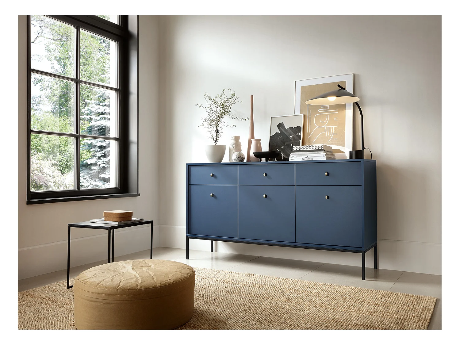 Aparador de 3 puertas y 3 cajones con patas de metal negro, 154x83 cm