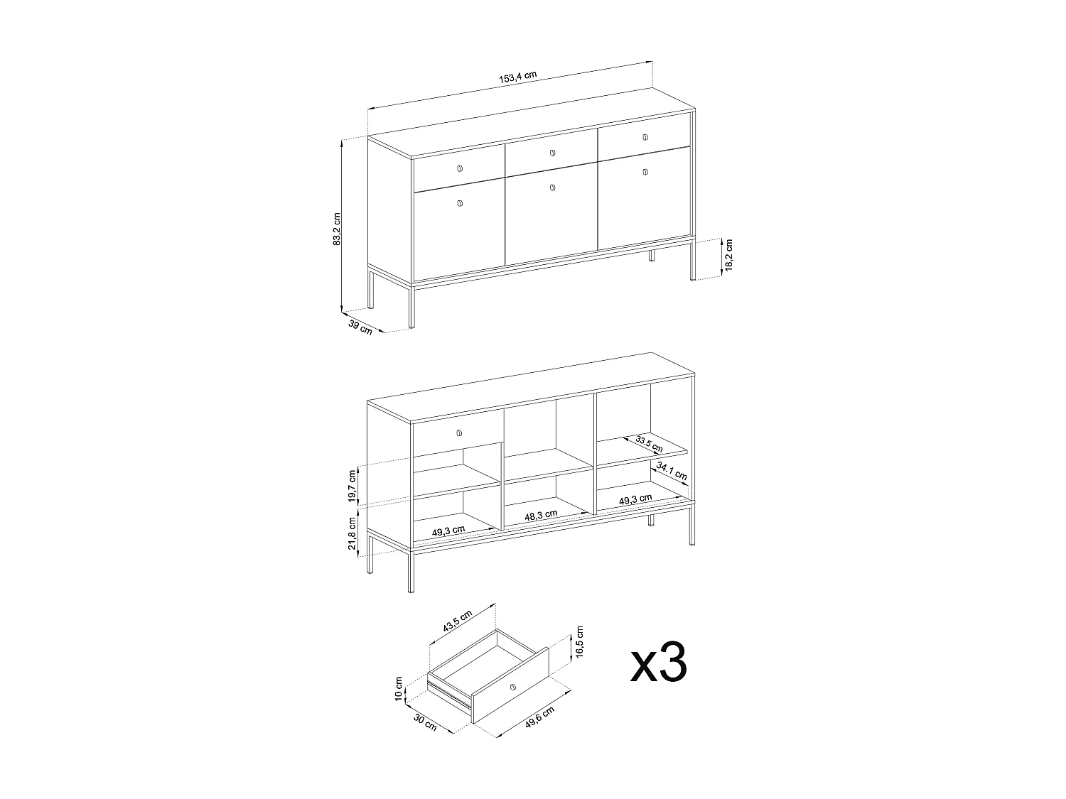 Aparador 3 portas e 3 gavetas com pés de metal preto, 154x83 cm