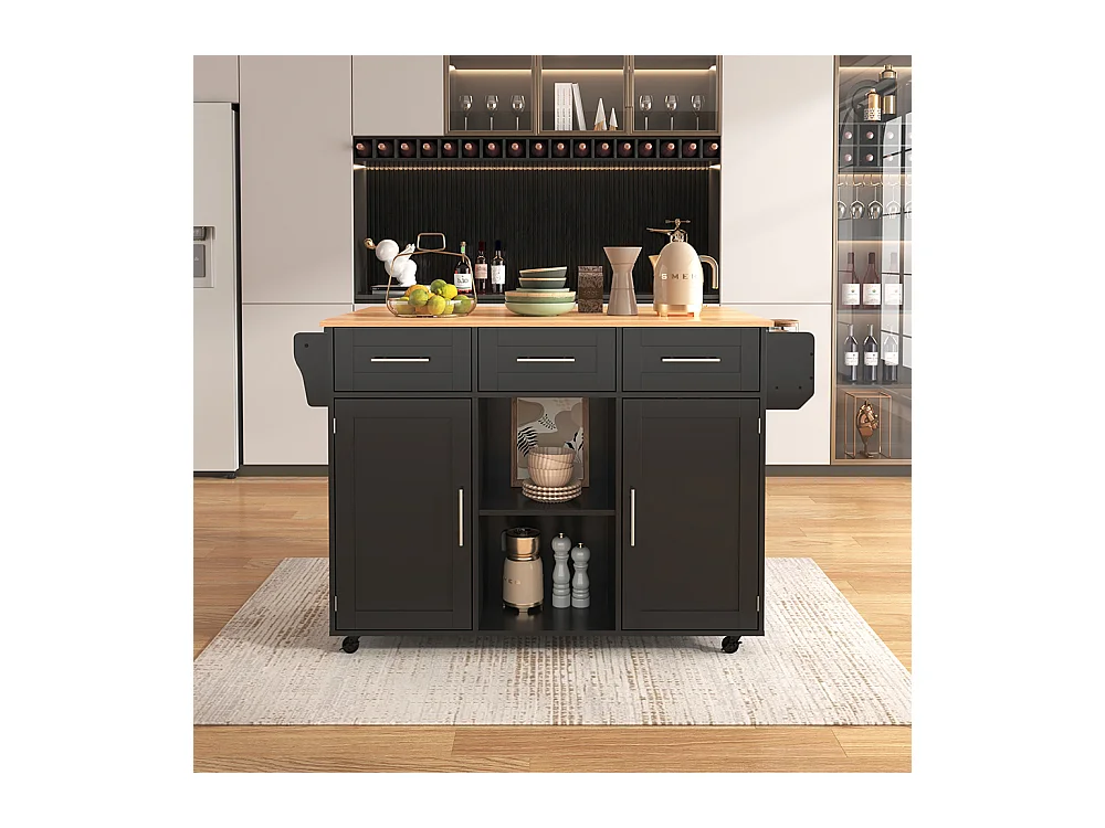 Îlot central noir plan travail bois massif rabattable porte rangement roulettes pieds bois interchangeables salle à manger cuisine