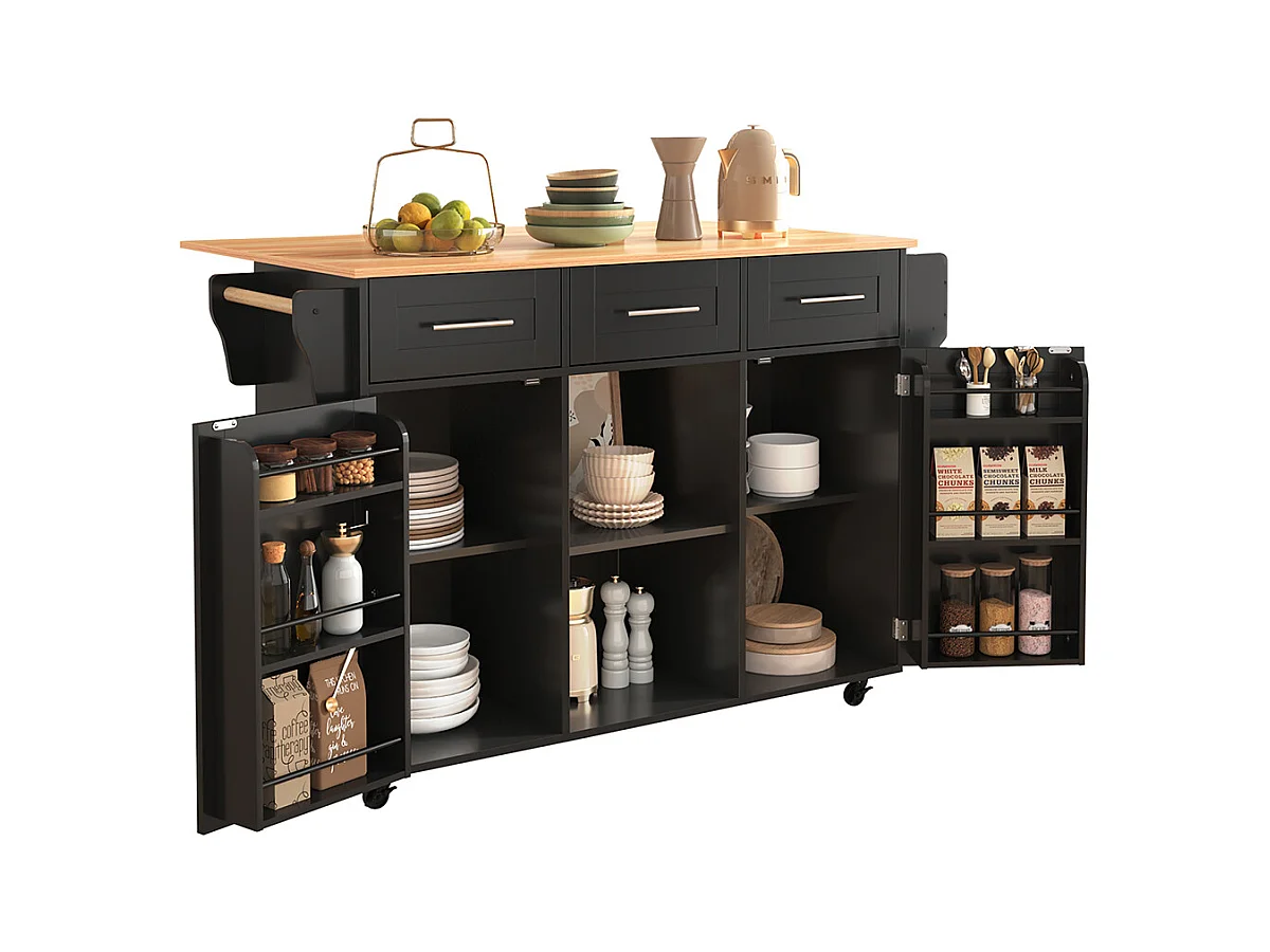 Îlot central noir plan travail bois massif rabattable porte rangement roulettes pieds bois interchangeables salle à manger cuisine
