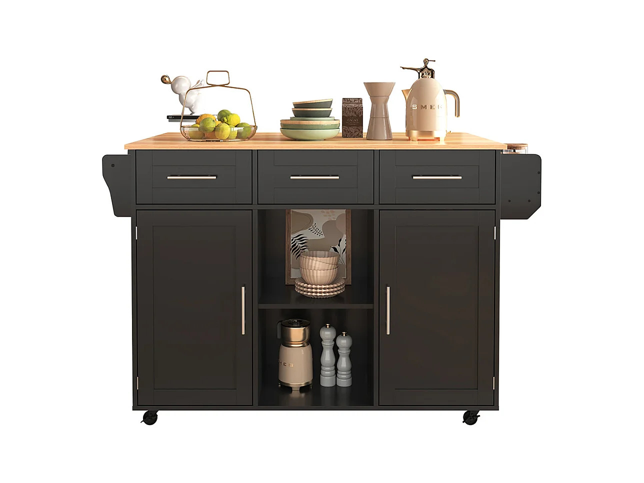 Îlot central noir plan travail bois massif rabattable porte rangement roulettes pieds bois interchangeables salle à manger cuisine