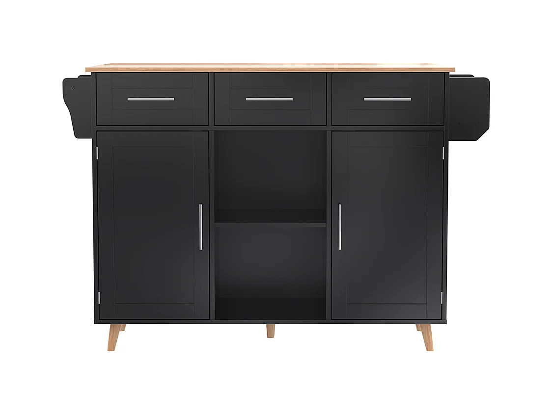 Îlot central noir plan travail bois massif rabattable porte rangement roulettes pieds bois interchangeables salle à manger cuisine