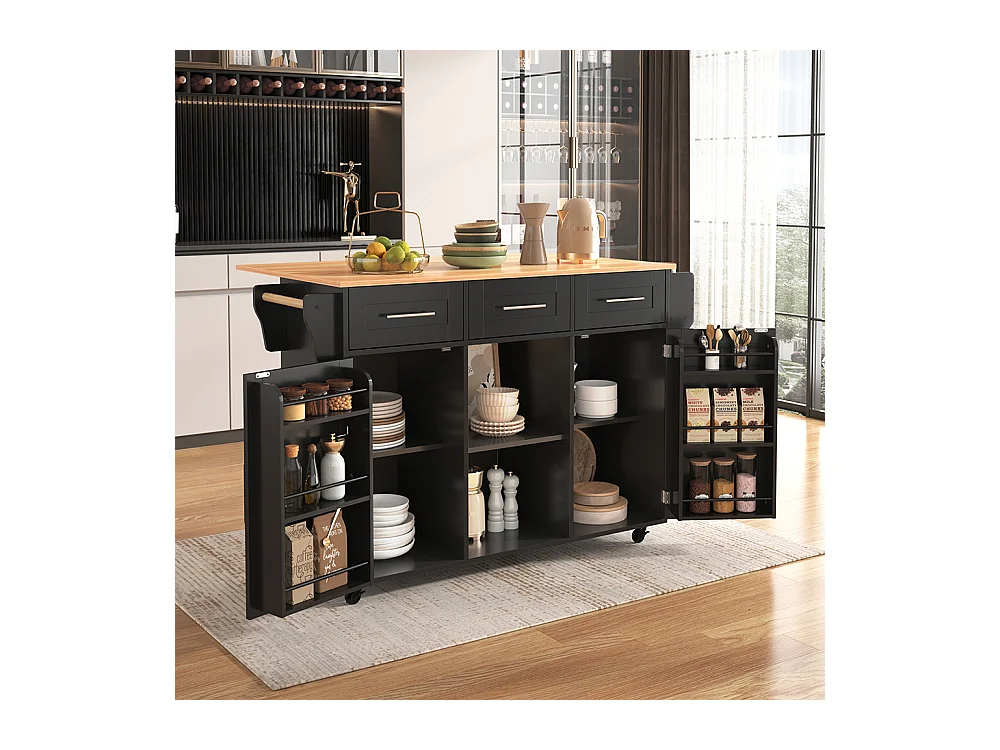 Îlot central noir plan travail bois massif rabattable porte rangement roulettes pieds bois interchangeables salle à manger cuisine