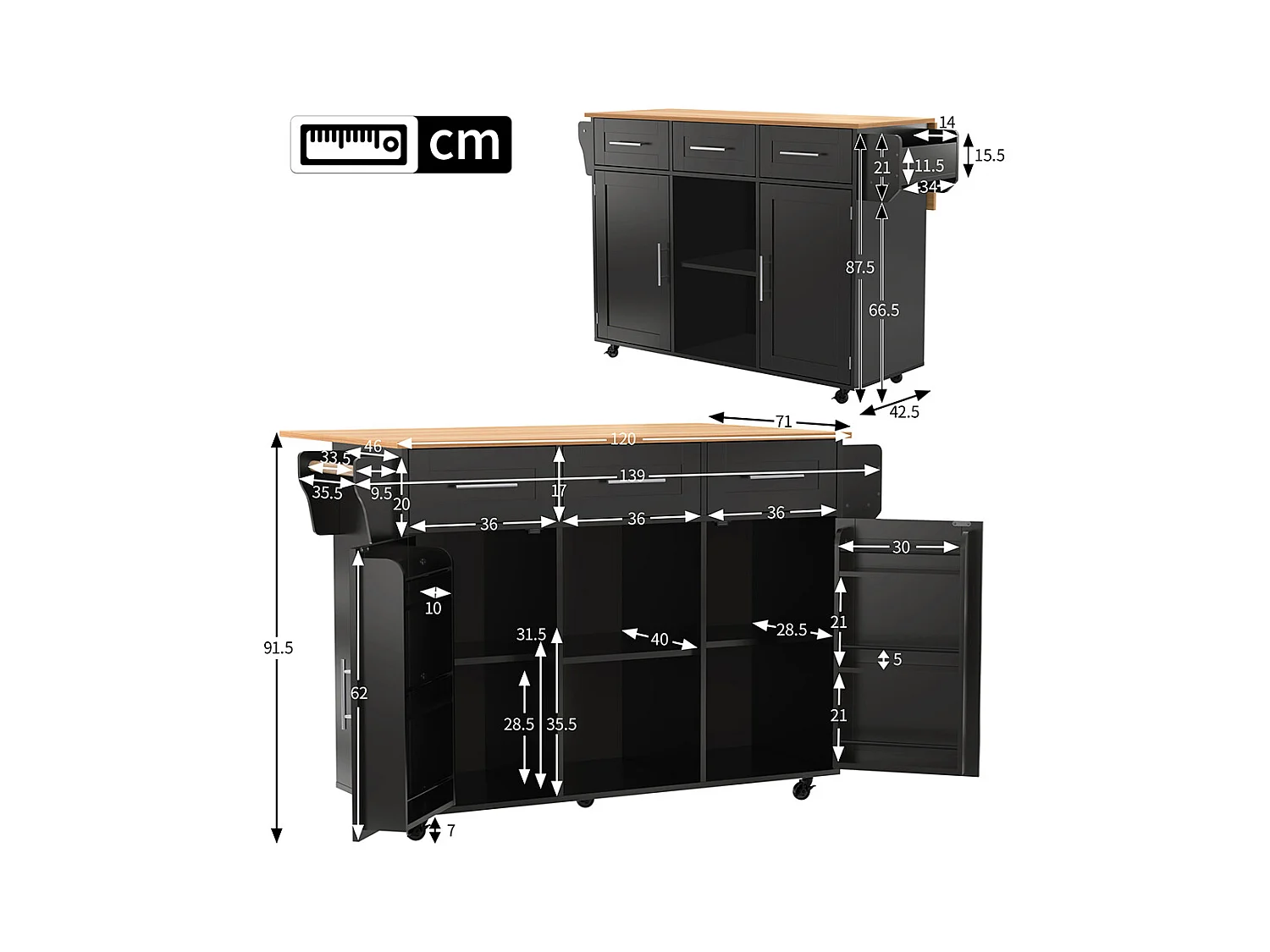 Îlot central noir plan travail bois massif rabattable porte rangement roulettes pieds bois interchangeables salle à manger cuisine