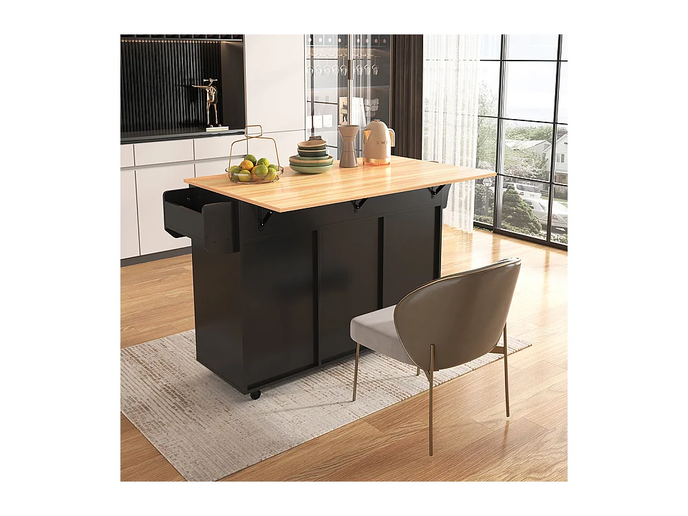 Îlot central noir plan travail bois massif rabattable porte rangement roulettes pieds bois interchangeables salle à manger cuisine