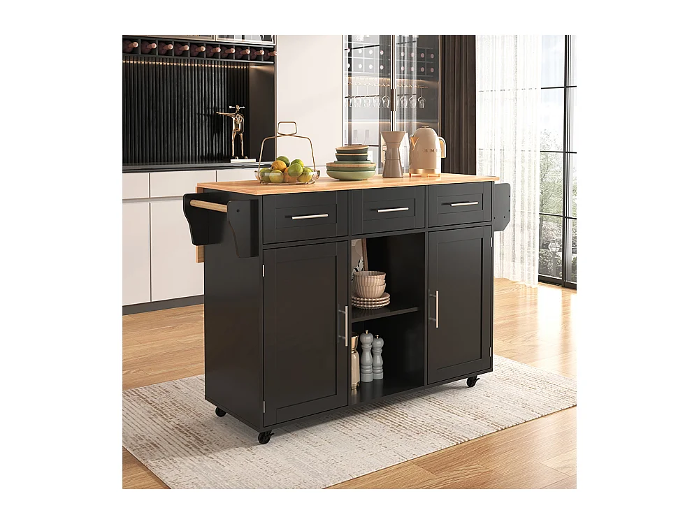 Îlot central noir plan travail bois massif rabattable porte rangement roulettes pieds bois interchangeables salle à manger cuisine