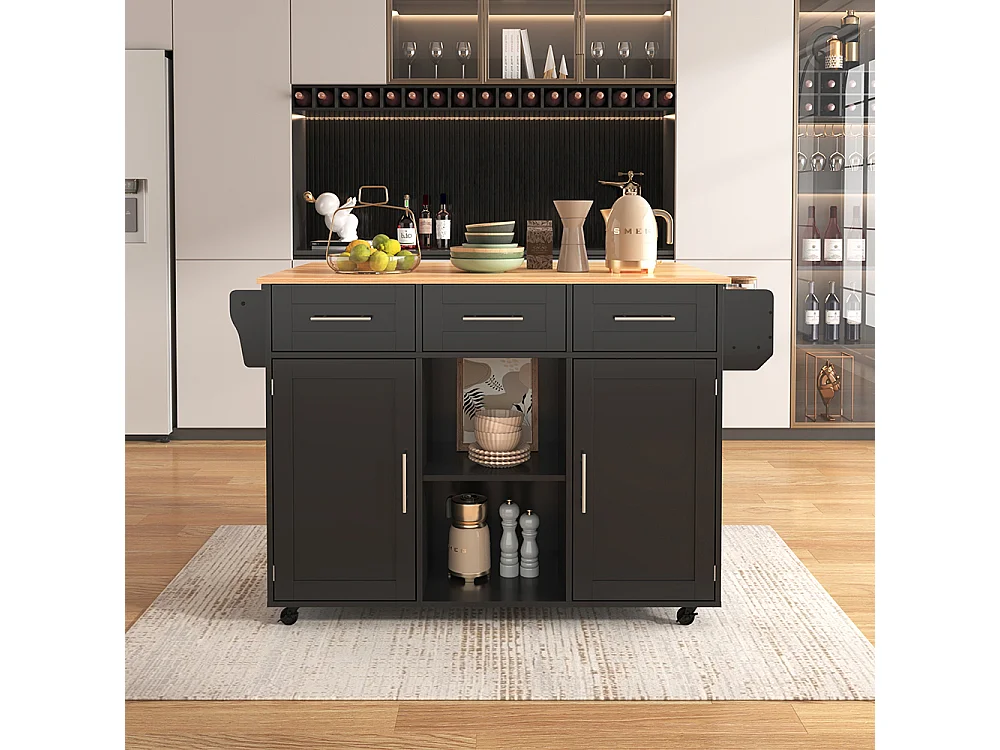 Îlot central noir plan travail bois massif rabattable porte rangement roulettes pieds bois interchangeables salle à manger cuisine