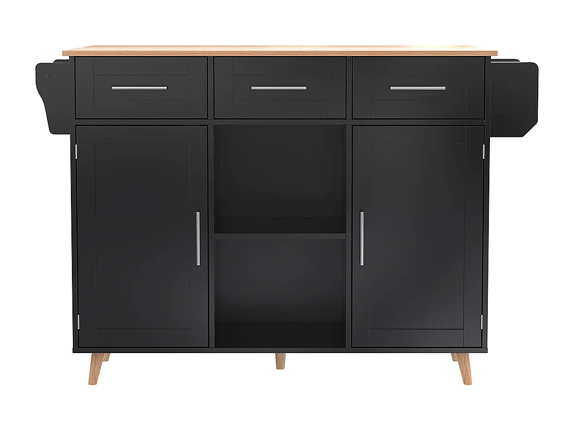 Îlot central noir plan travail bois massif rabattable porte rangement roulettes pieds bois interchangeables salle à manger cuisine