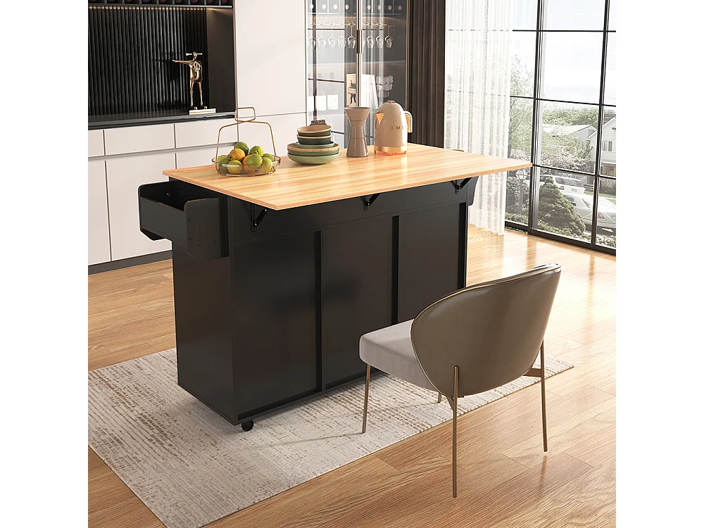Îlot central noir plan travail bois massif rabattable porte rangement roulettes pieds bois interchangeables salle à manger cuisine