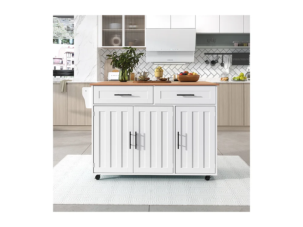 Îlot central chariot plateau rabattable étagères intérieures portes îlot 5 roulettes placards 2 tiroirs salle à manger blanc