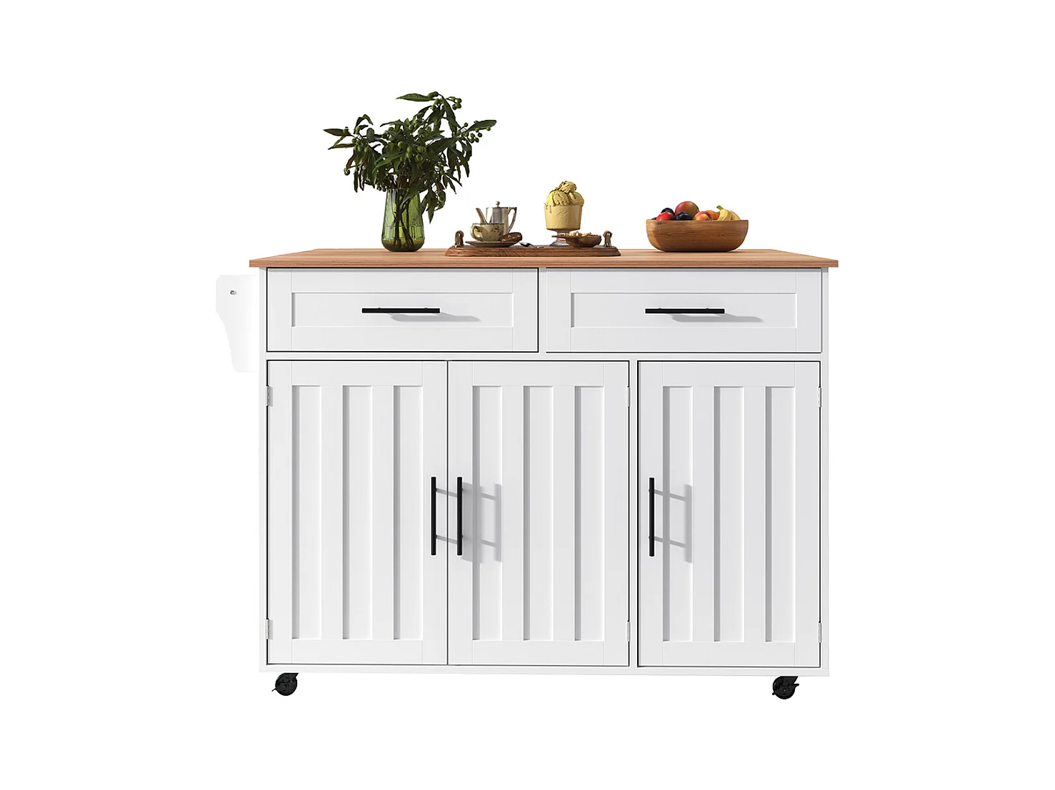 Îlot central chariot plateau rabattable étagères intérieures portes îlot 5 roulettes placards 2 tiroirs salle à manger blanc