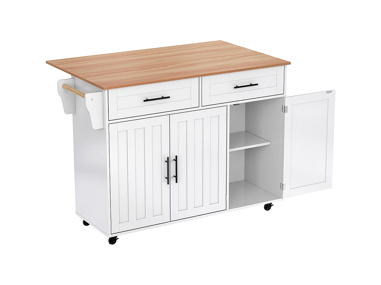 Îlot central chariot plateau rabattable étagères intérieures portes îlot 5 roulettes placards 2 tiroirs salle à manger blanc