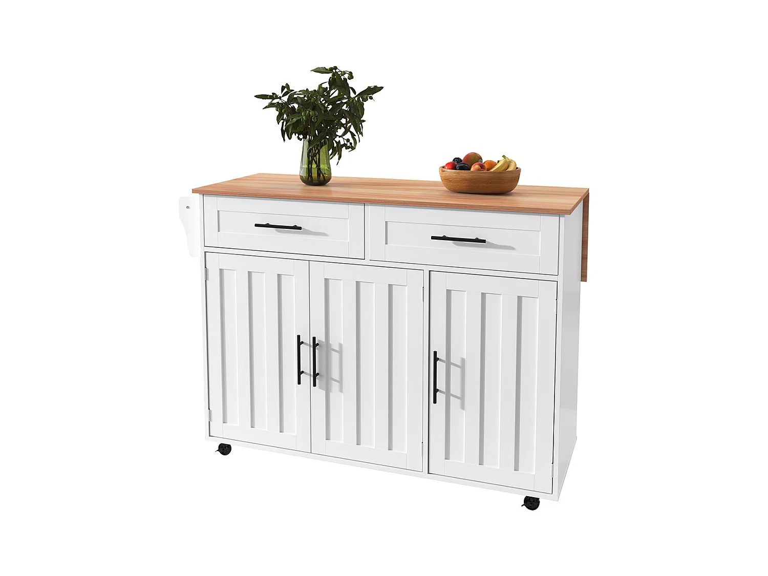 Îlot central chariot plateau rabattable étagères intérieures portes îlot 5 roulettes placards 2 tiroirs salle à manger blanc