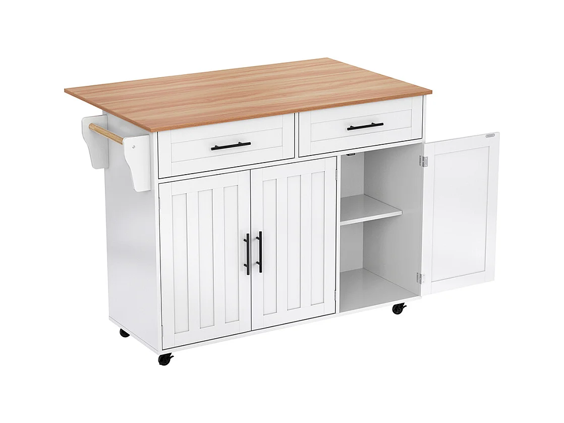 Îlot central chariot plateau rabattable étagères intérieures portes îlot 5 roulettes placards 2 tiroirs salle à manger blanc