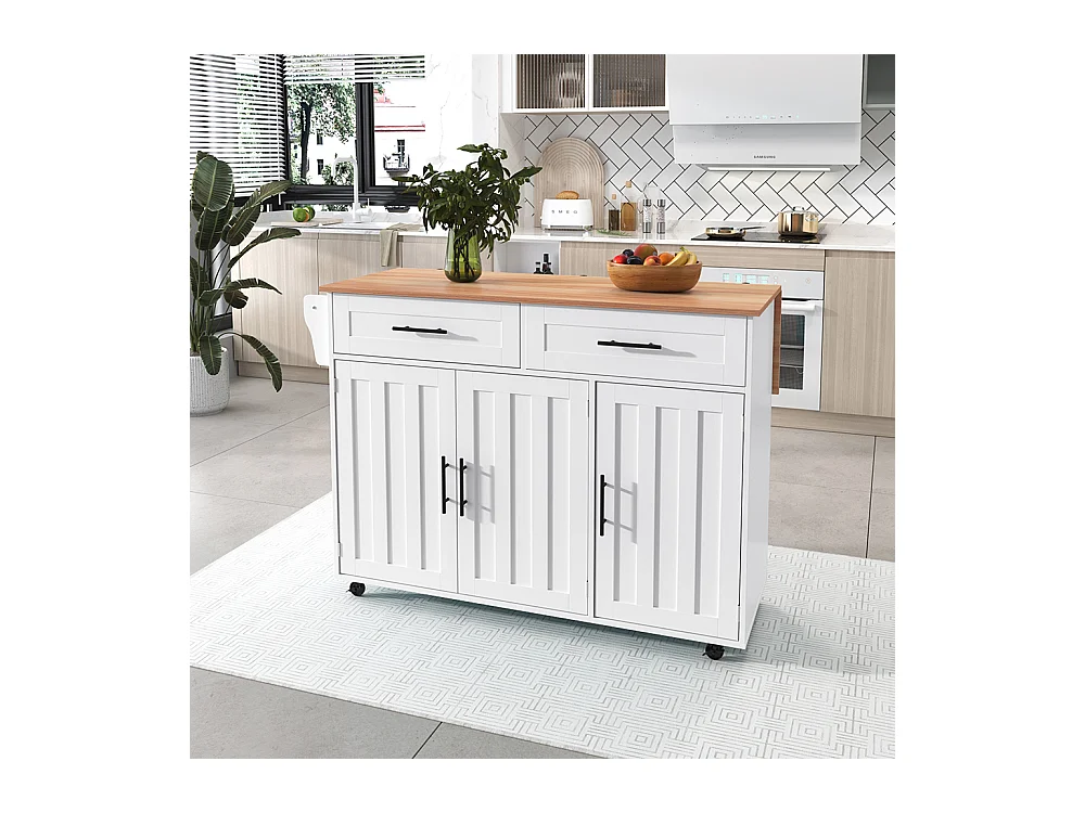 Îlot central chariot plateau rabattable étagères intérieures portes îlot 5 roulettes placards 2 tiroirs salle à manger blanc