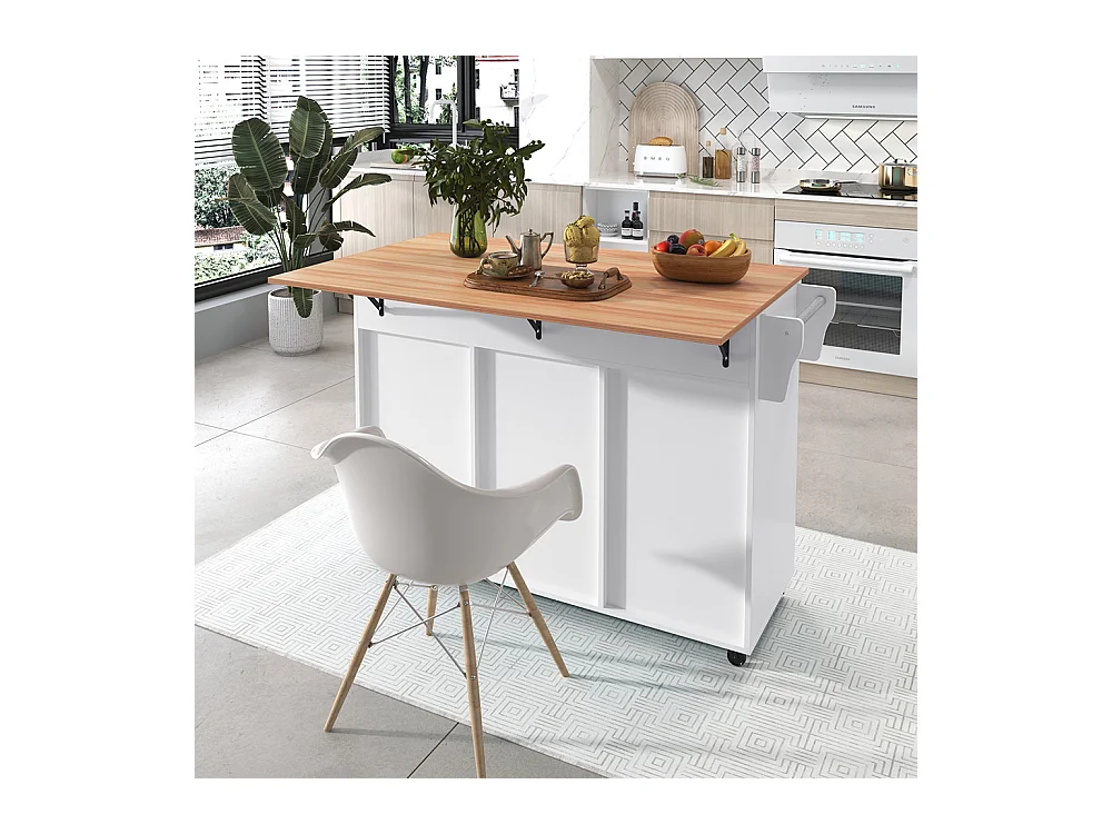 Îlot central chariot plateau rabattable étagères intérieures portes îlot 5 roulettes placards 2 tiroirs salle à manger blanc