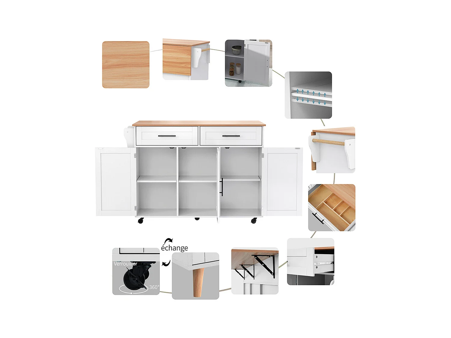 Îlot central chariot plateau rabattable étagères intérieures portes îlot 5 roulettes placards 2 tiroirs salle à manger blanc