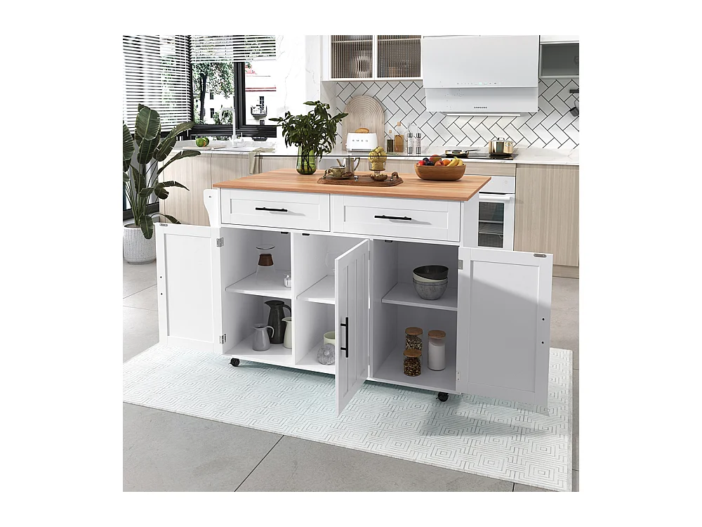Îlot central chariot plateau rabattable étagères intérieures portes îlot 5 roulettes placards 2 tiroirs salle à manger blanc