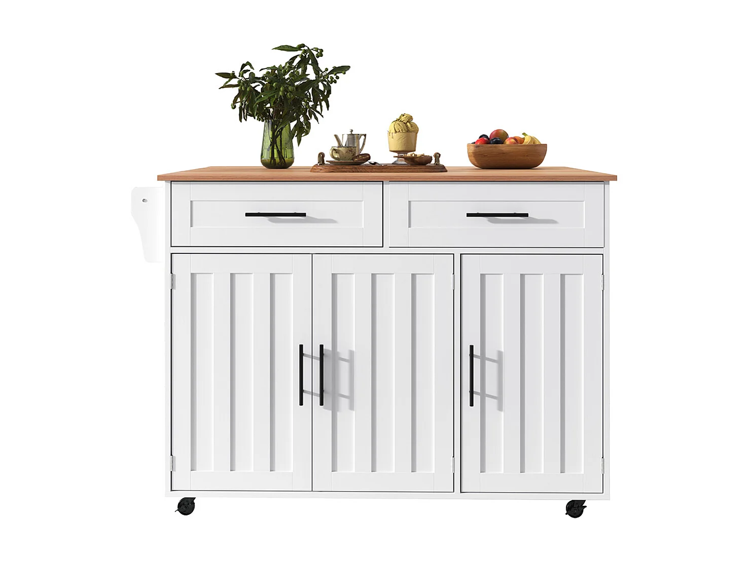 Îlot central chariot plateau rabattable étagères intérieures portes îlot 5 roulettes placards 2 tiroirs salle à manger blanc