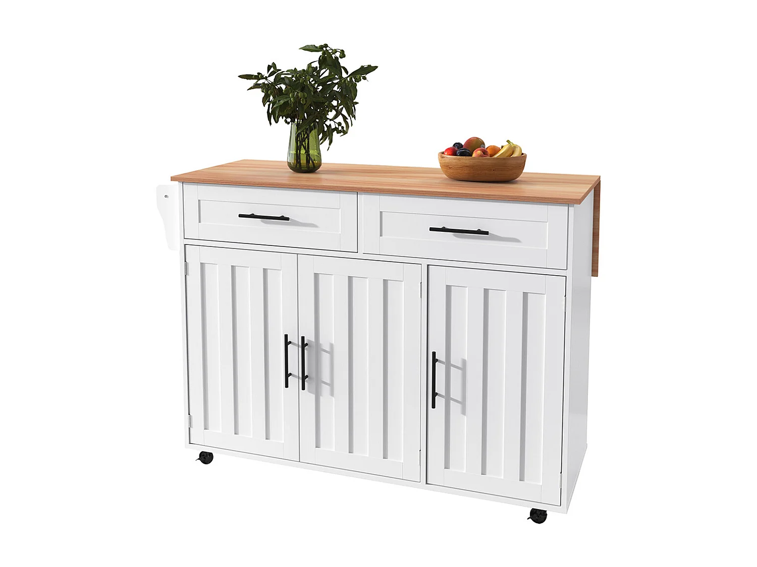 Îlot central chariot plateau rabattable étagères intérieures portes îlot 5 roulettes placards 2 tiroirs salle à manger blanc