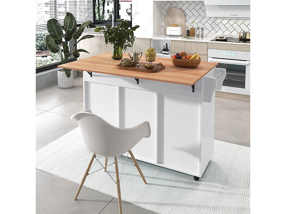 Îlot central chariot plateau rabattable étagères intérieures portes îlot 5 roulettes placards 2 tiroirs salle à manger blanc