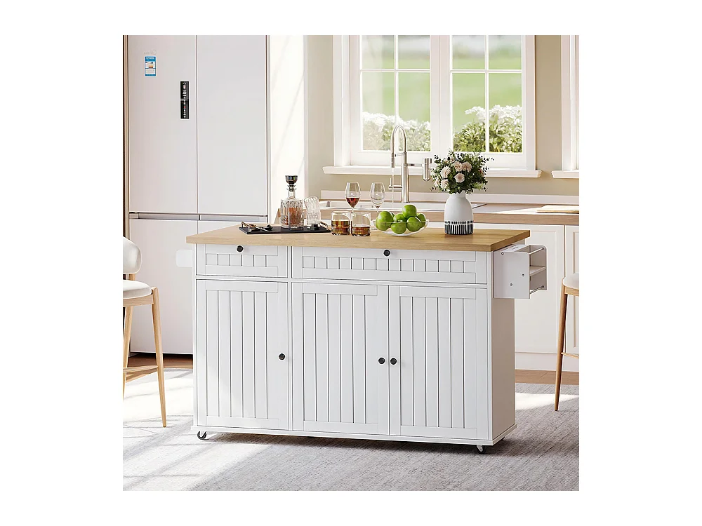 Îlot central plan travail rabattable armoire 6 roulettes verrouillables étagère étagère porte 2 tiroirs blanc